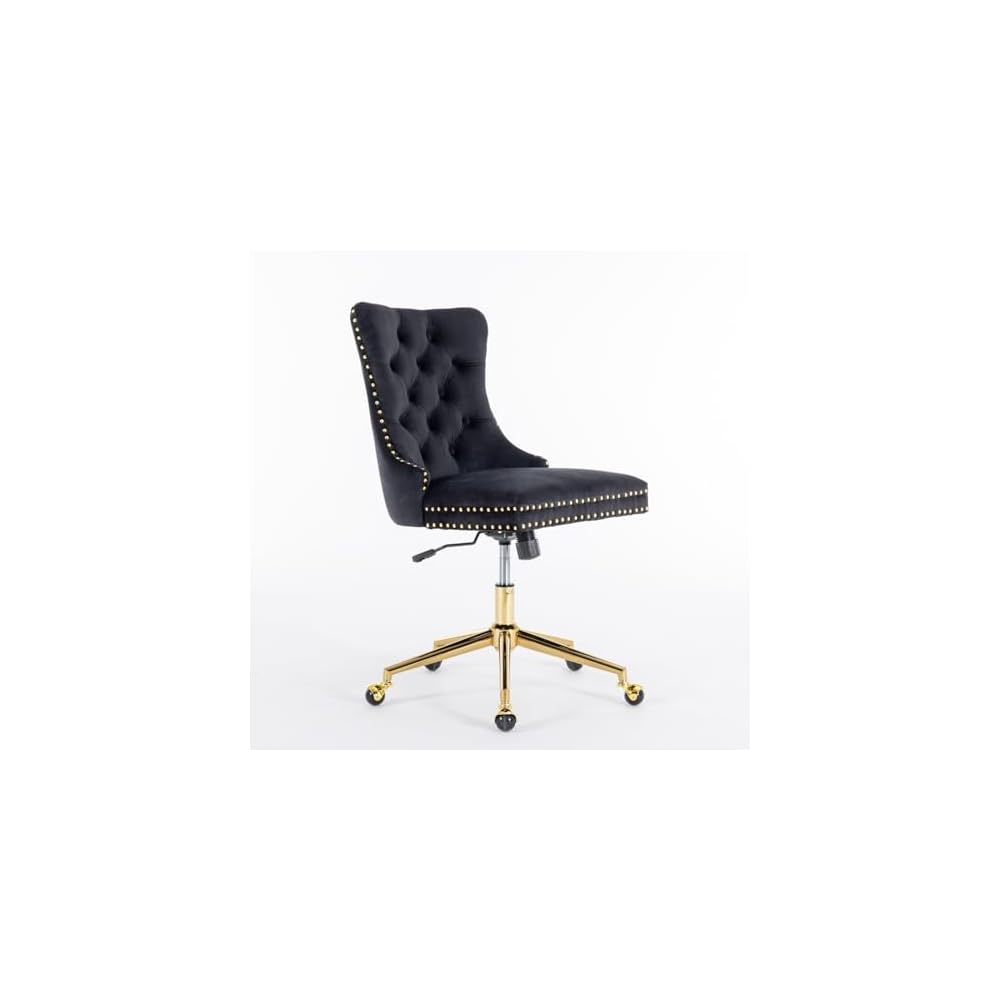Generic Furniture Office Chair,Velvet Upholstered Tufted Button Home Office Chair with Golden Metal Base,Adjustable Desk Chair Swivel Office Chair (Black)