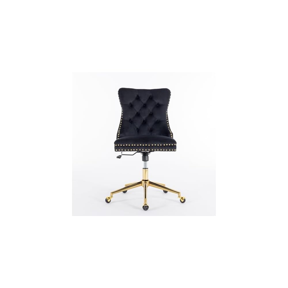 Generic Furniture Office Chair,Velvet Upholstered Tufted Button Home Office Chair with Golden Metal Base,Adjustable Desk Chair Swivel Office Chair (Black)