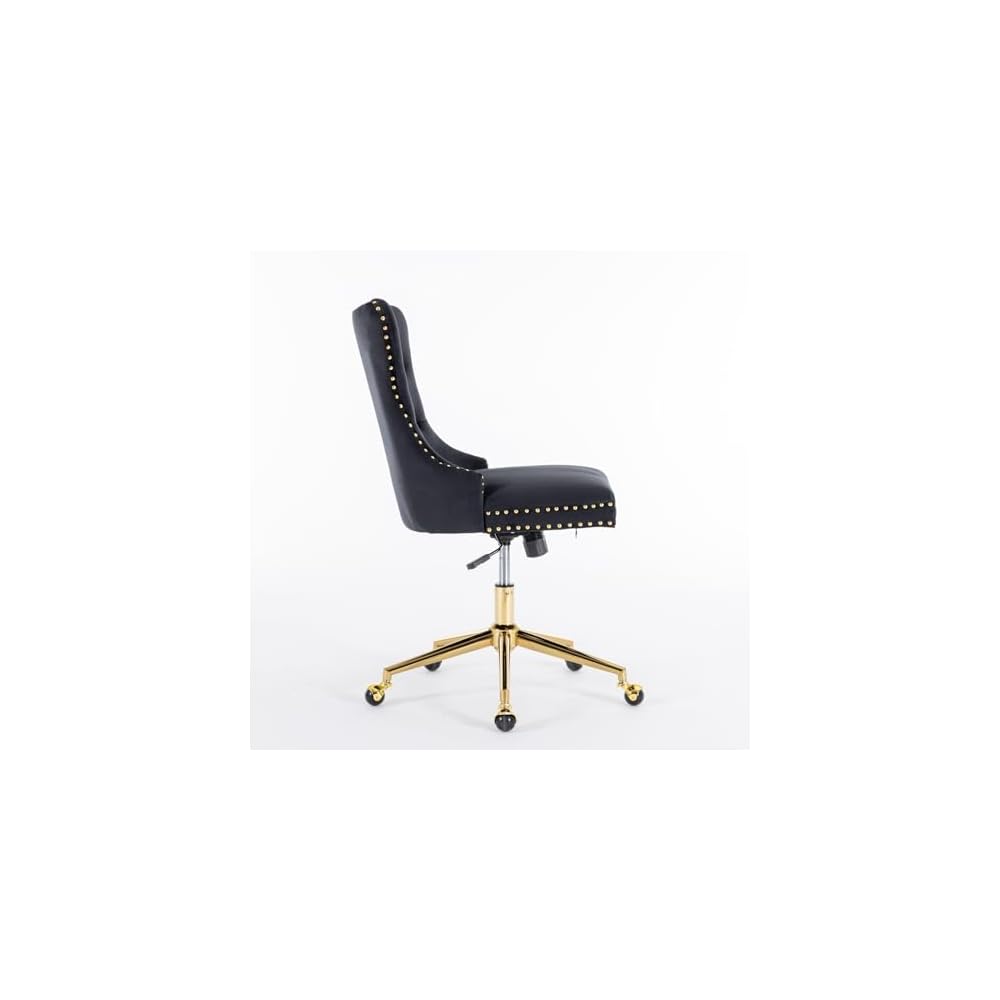 Generic Furniture Office Chair,Velvet Upholstered Tufted Button Home Office Chair with Golden Metal Base,Adjustable Desk Chair Swivel Office Chair (Black)
