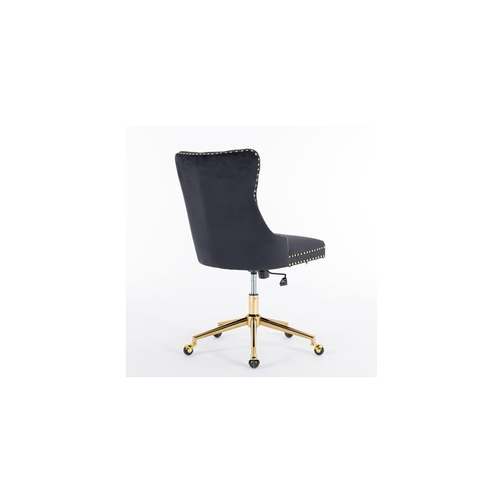 Generic Furniture Office Chair,Velvet Upholstered Tufted Button Home Office Chair with Golden Metal Base,Adjustable Desk Chair Swivel Office Chair (Black)