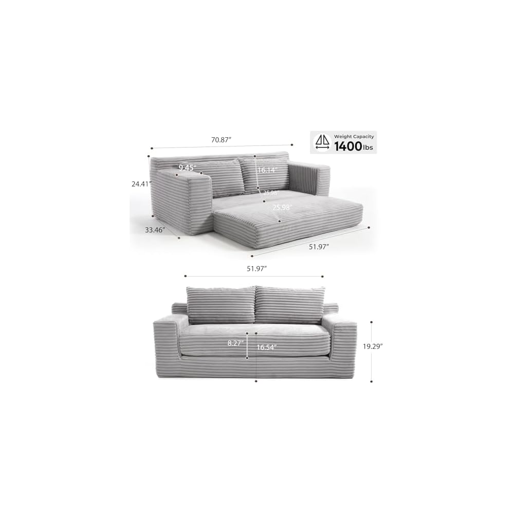 70.87" Cloud Loveseat Sofa, Boneless Corduroy Loveseat Couches, Sofa in a Box, 2 Seater Deep Seat Couch with Convertible Sofa Bed for Apartment, Office, Living Room, No Assembly Required (Light Grey)