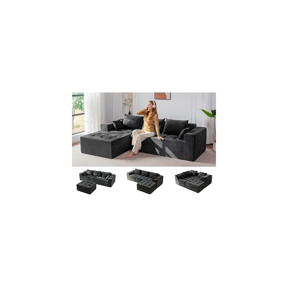 MAXYOYO Modular Sectional Sofa Couch, L-Shaped Boneless Cloud Couch with Flexible Ottoman, Chenille Upholstered Sofafor Living Room, No Assembly Required, Dark Grey
