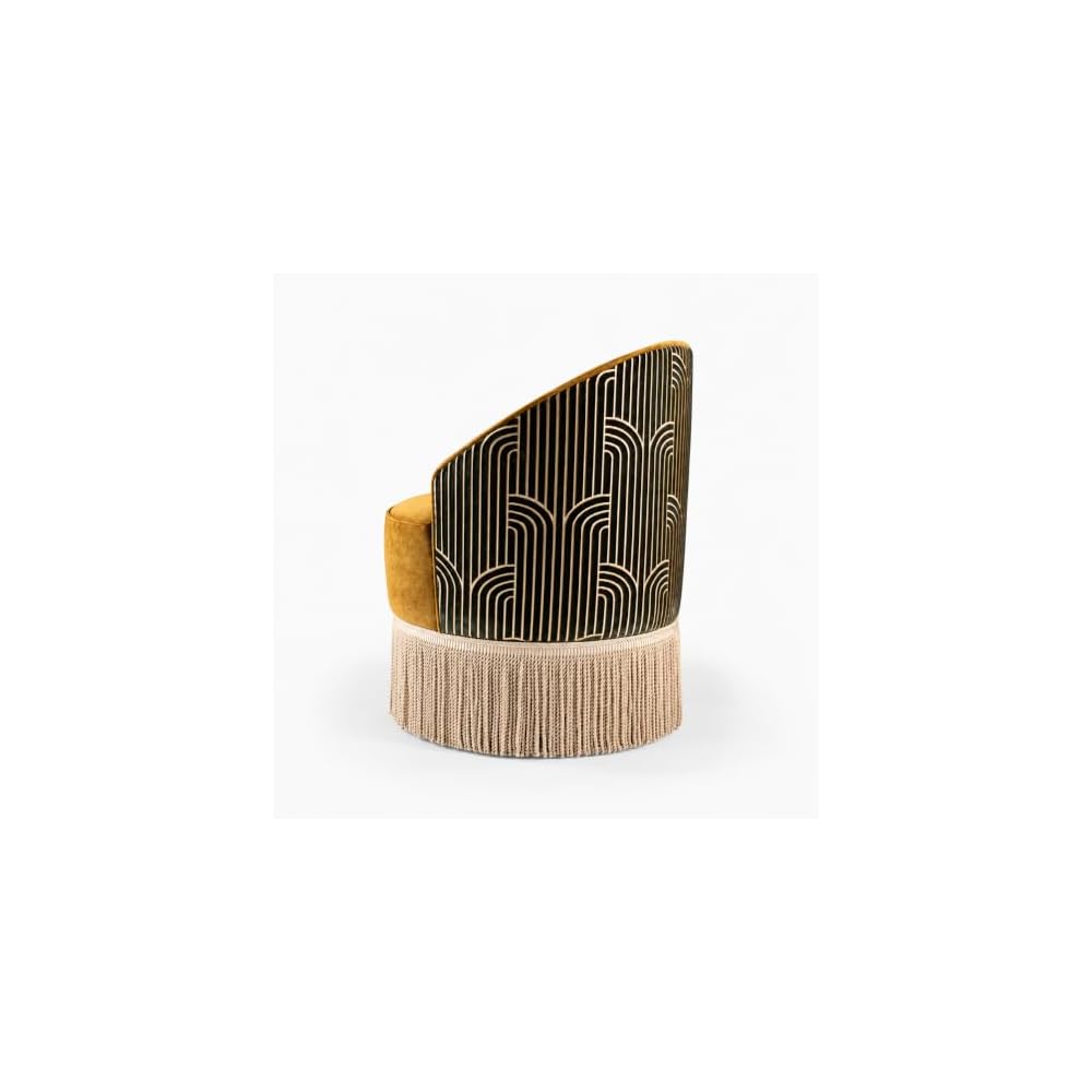 Mustard Velvet Accent Chair with Fringe, Art Deco Barrel Lounge Chair