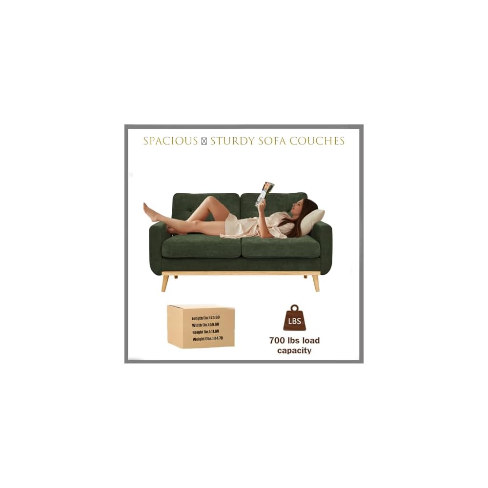 Dark Green 56" Loveseat Sofa, Couches for Small Spaces, Mid Century Love Seat Couches for Living Room, Upholstered 2-Seater Small Couch for Bedroom, Apartment, Easy Assembly (Dark Green)