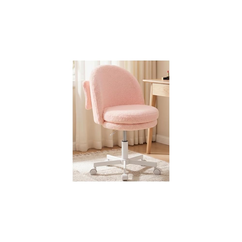 GTPOFFICE Vanity Chair with Back, Adjustable Tall Office Chair High Swivel Bar Stools Fluffy Cute Desk Chair Comfy with Wheels Bow Pillow Armlees for Adults Standing Desk Bar Teddy Velvet Blossom Pink