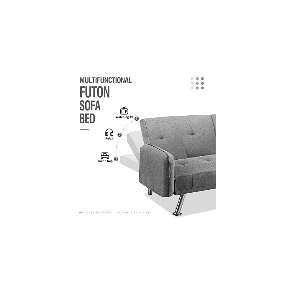 Futon Sofa Bed, Convertible Couch with 2 Cup Holders, Loveseat with Armrest for Studio, Apartment, Office, Living Room, Light Grey