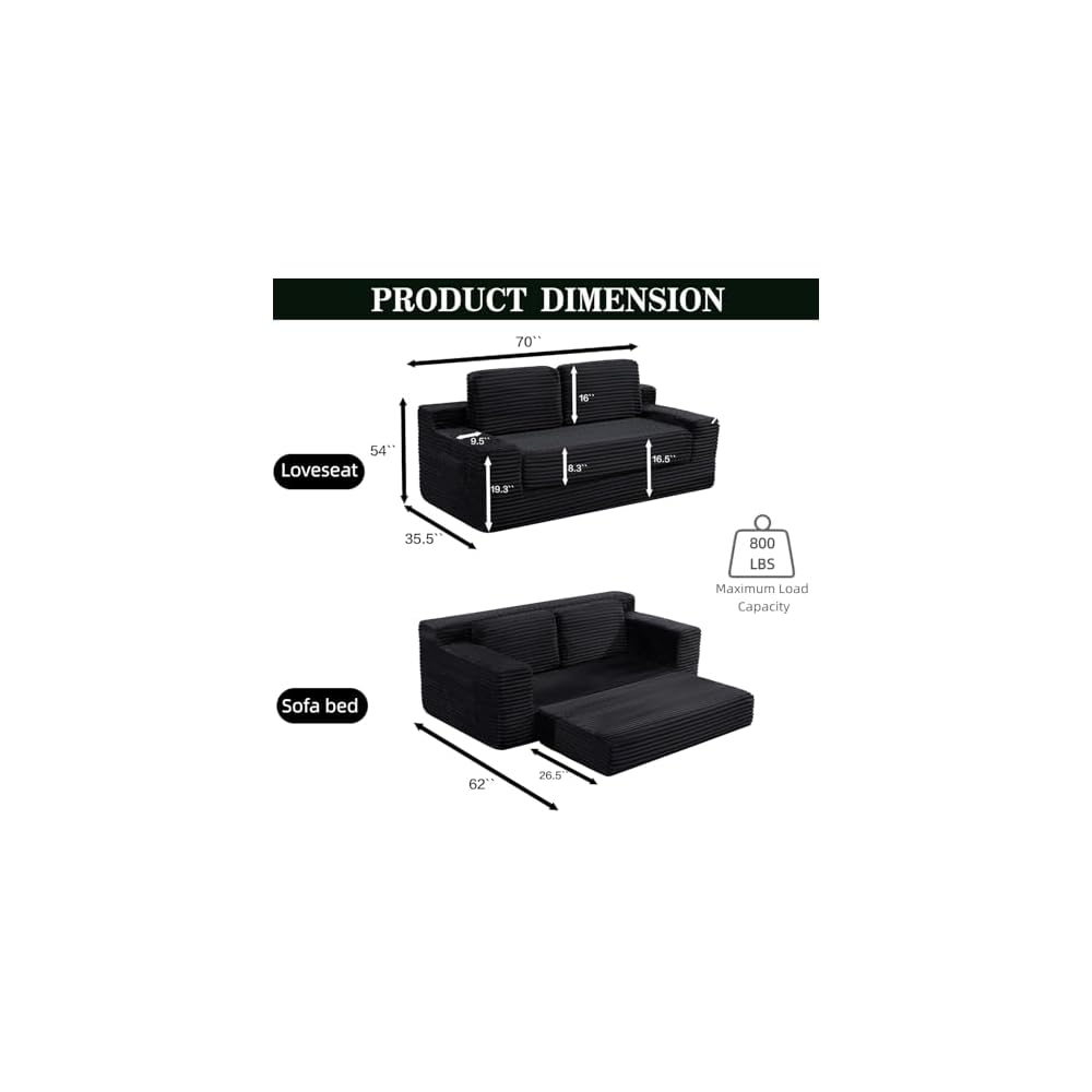 2-in-1 Convertible Folding Sofa Bed, 71" Black