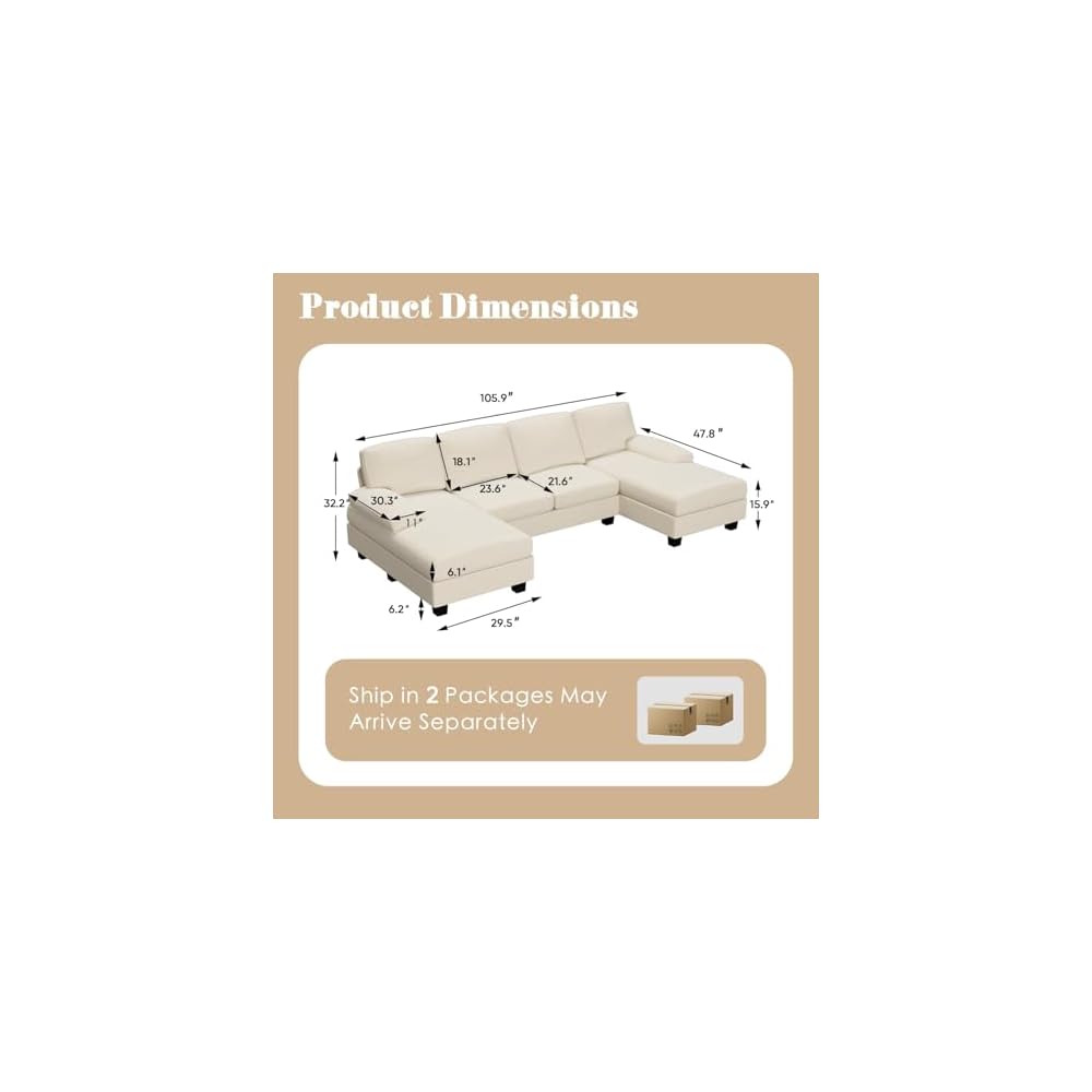 Furniwell Convertible Sectional Sofa Couch, 4 Seat Sofa Set for Living Room U-Shaped Modern Fabric Modular Sofa Sleeper with Double Chaise & Memory Foam (Fabric, White)