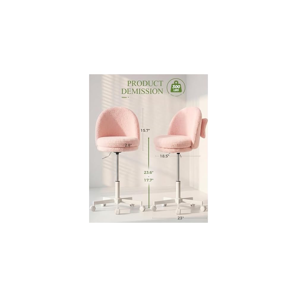 GTPOFFICE Vanity Chair with Back, Adjustable Tall Office Chair High Swivel Bar Stools Fluffy Cute Desk Chair Comfy with Wheels Bow Pillow Armlees for Adults Standing Desk Bar Teddy Velvet Blossom Pink