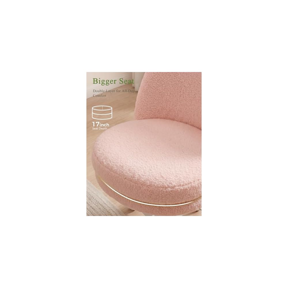 GTPOFFICE Vanity Chair with Back, Adjustable Tall Office Chair High Swivel Bar Stools Fluffy Cute Desk Chair Comfy with Wheels Bow Pillow Armlees for Adults Standing Desk Bar Teddy Velvet Blossom Pink