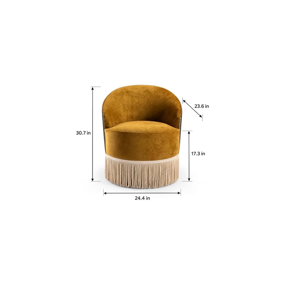Mustard Velvet Accent Chair with Fringe, Art Deco Barrel Lounge Chair