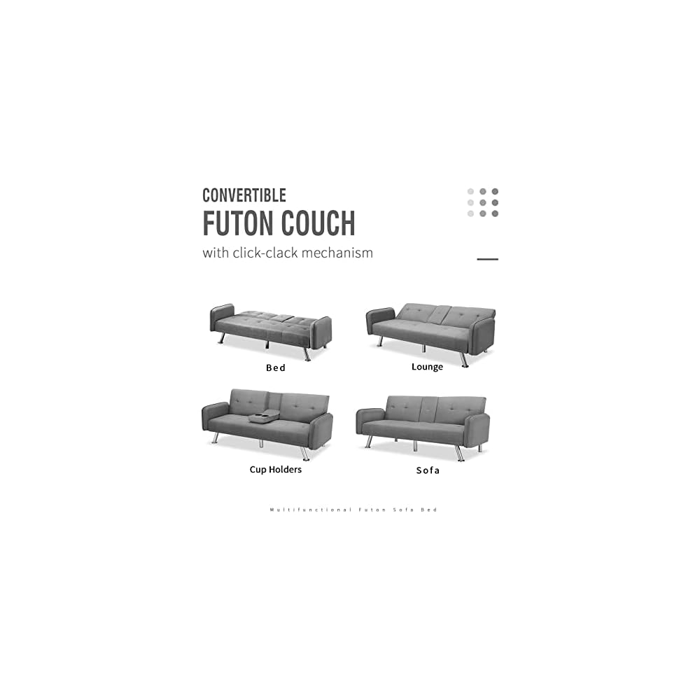 Futon Sofa Bed, Convertible Couch with 2 Cup Holders, Loveseat with Armrest for Studio, Apartment, Office, Living Room, Light Grey