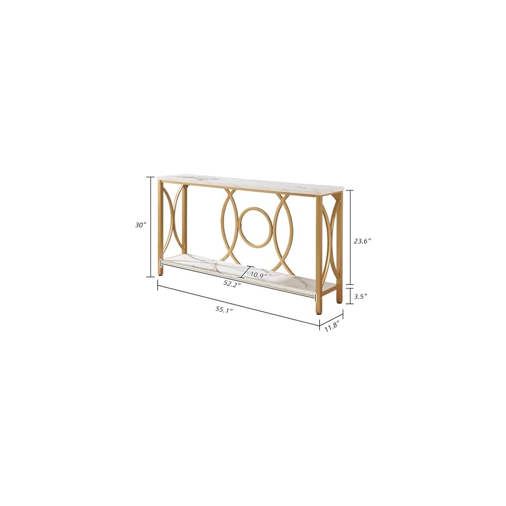 HOMISSUE Sofa Console Table, Modern Gold Console Table with Faux Marbled Tabletop, Engineered Wood Entryway Tables with 2 Tier Storage, Narrow Sofa Table for Living Room, Hallway (55 Inch, White&Gold)