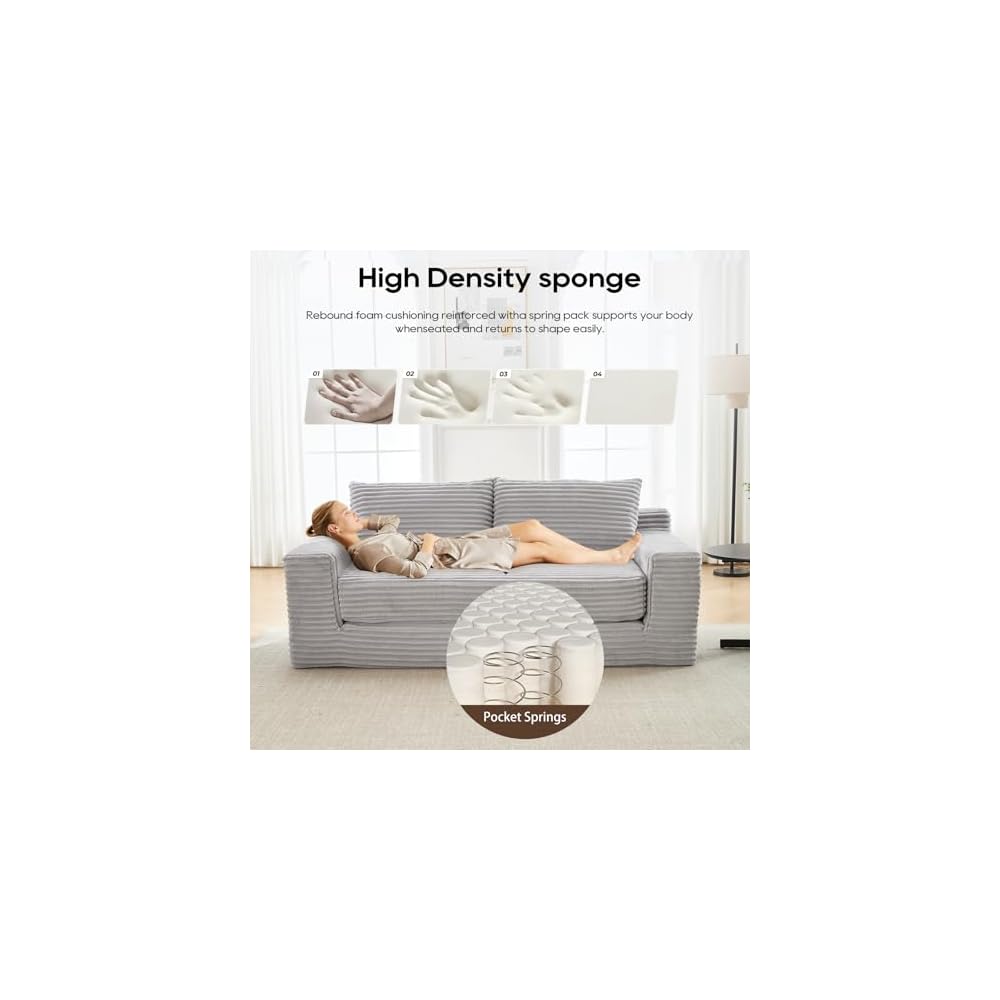 70.87" Cloud Loveseat Sofa, Boneless Corduroy Loveseat Couches, Sofa in a Box, 2 Seater Deep Seat Couch with Convertible Sofa Bed for Apartment, Office, Living Room, No Assembly Required (Light Grey)