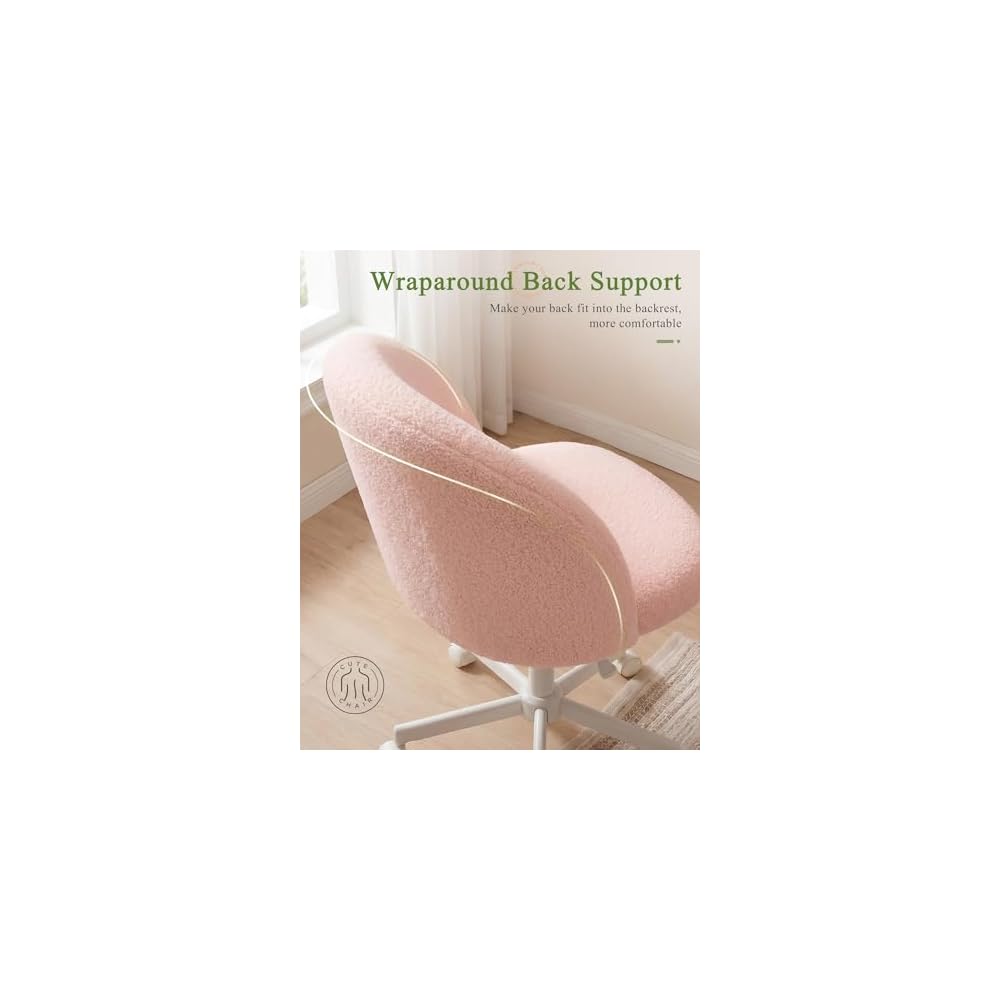 GTPOFFICE Vanity Chair with Back, Adjustable Tall Office Chair High Swivel Bar Stools Fluffy Cute Desk Chair Comfy with Wheels Bow Pillow Armlees for Adults Standing Desk Bar Teddy Velvet Blossom Pink
