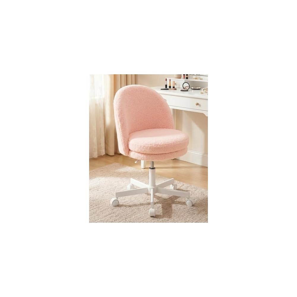 GTPOFFICE Vanity Chair with Back, Adjustable Tall Office Chair High Swivel Bar Stools Fluffy Cute Desk Chair Comfy with Wheels Bow Pillow Armlees for Adults Standing Desk Bar Teddy Velvet Blossom Pink
