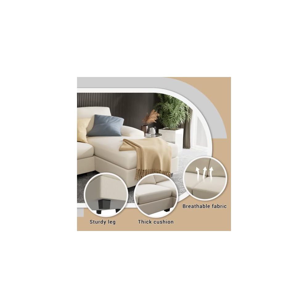 Furniwell Convertible Sectional Sofa Couch, 4 Seat Sofa Set for Living Room U-Shaped Modern Fabric Modular Sofa Sleeper with Double Chaise & Memory Foam (Fabric, White)