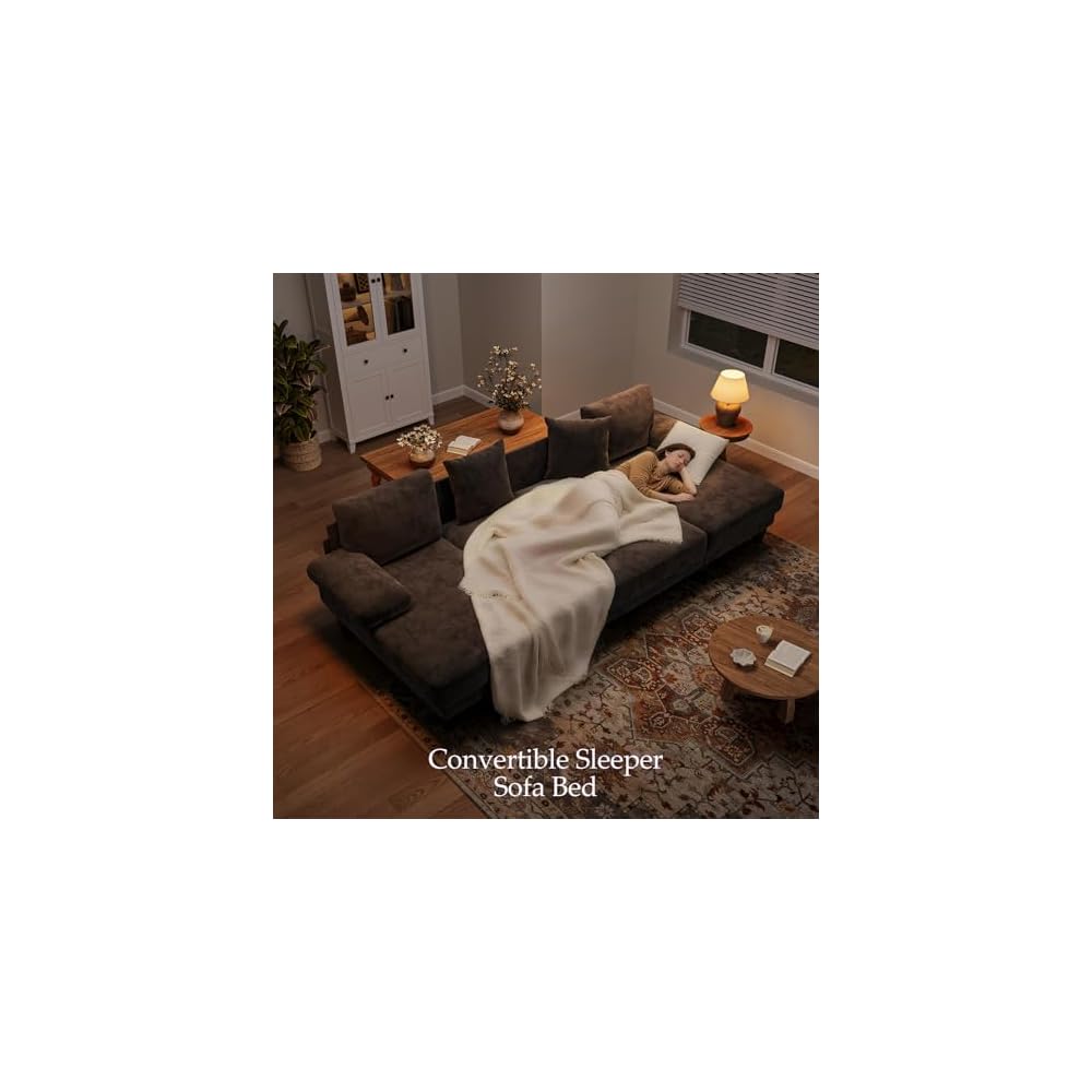 Txtin's Sleeper Sofa with Pull Out Couch Bed | 112 Inch Couches for Living Room | U-Shaped Convertible Sofa Bed | Chenille Brown
