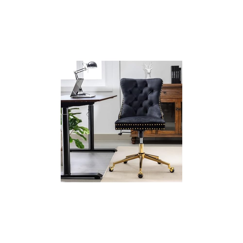Generic Furniture Office Chair,Velvet Upholstered Tufted Button Home Office Chair with Golden Metal Base,Adjustable Desk Chair Swivel Office Chair (Black)