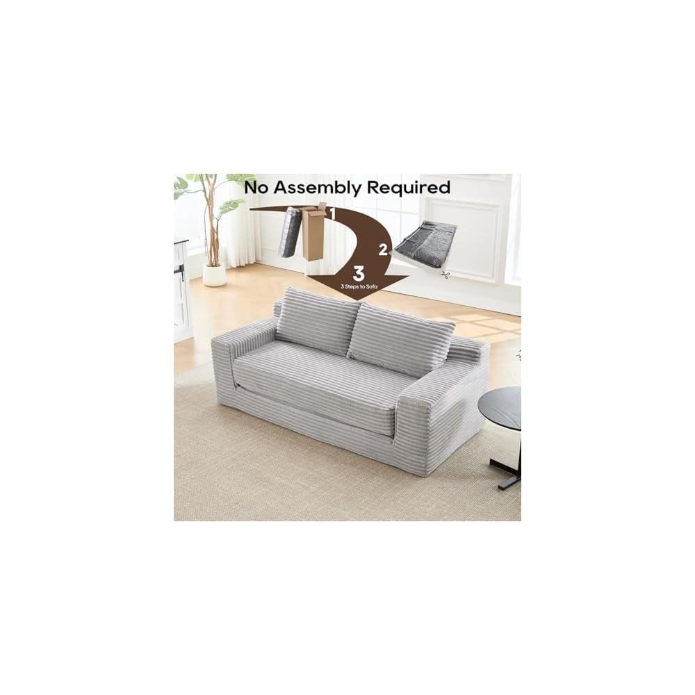 70.87" Cloud Loveseat Sofa, Boneless Corduroy Loveseat Couches, Sofa in a Box, 2 Seater Deep Seat Couch with Convertible Sofa Bed for Apartment, Office, Living Room, No Assembly Required (Light Grey)