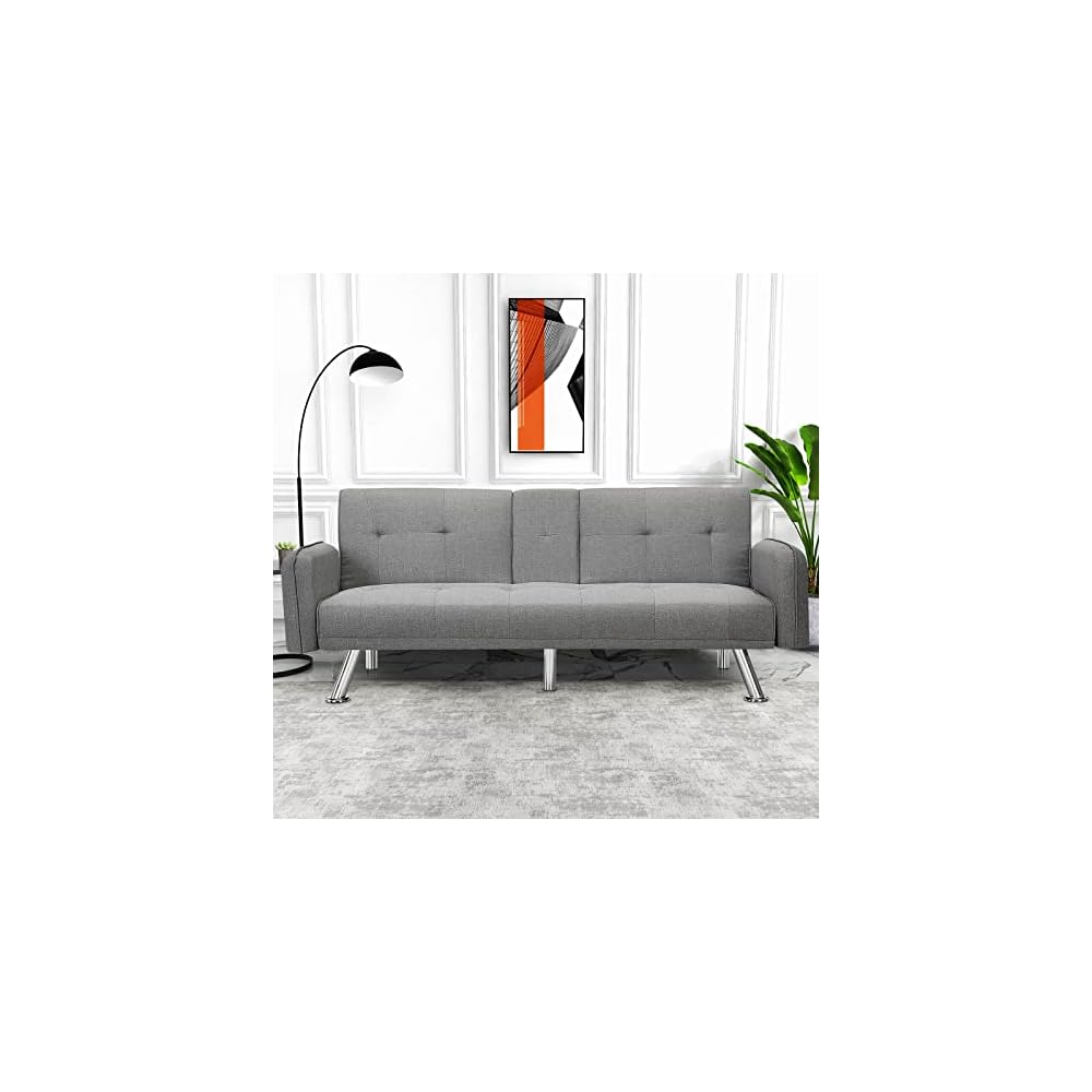 Futon Sofa Bed, Convertible Couch with 2 Cup Holders, Loveseat with Armrest for Studio, Apartment, Office, Living Room, Light Grey