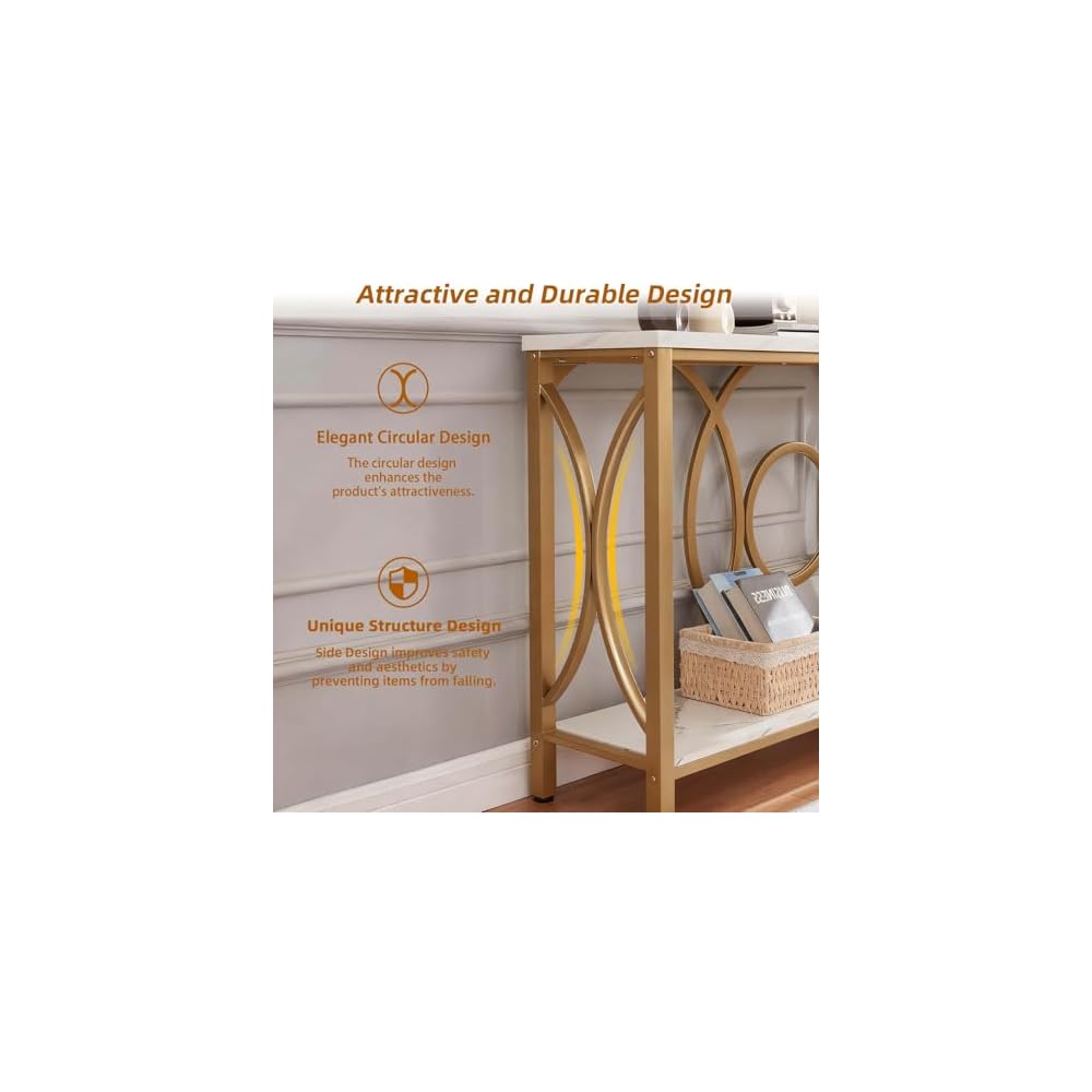 HOMISSUE Sofa Console Table, Modern Gold Console Table with Faux Marbled Tabletop, Engineered Wood Entryway Tables with 2 Tier Storage, Narrow Sofa Table for Living Room, Hallway (55 Inch, White&Gold)