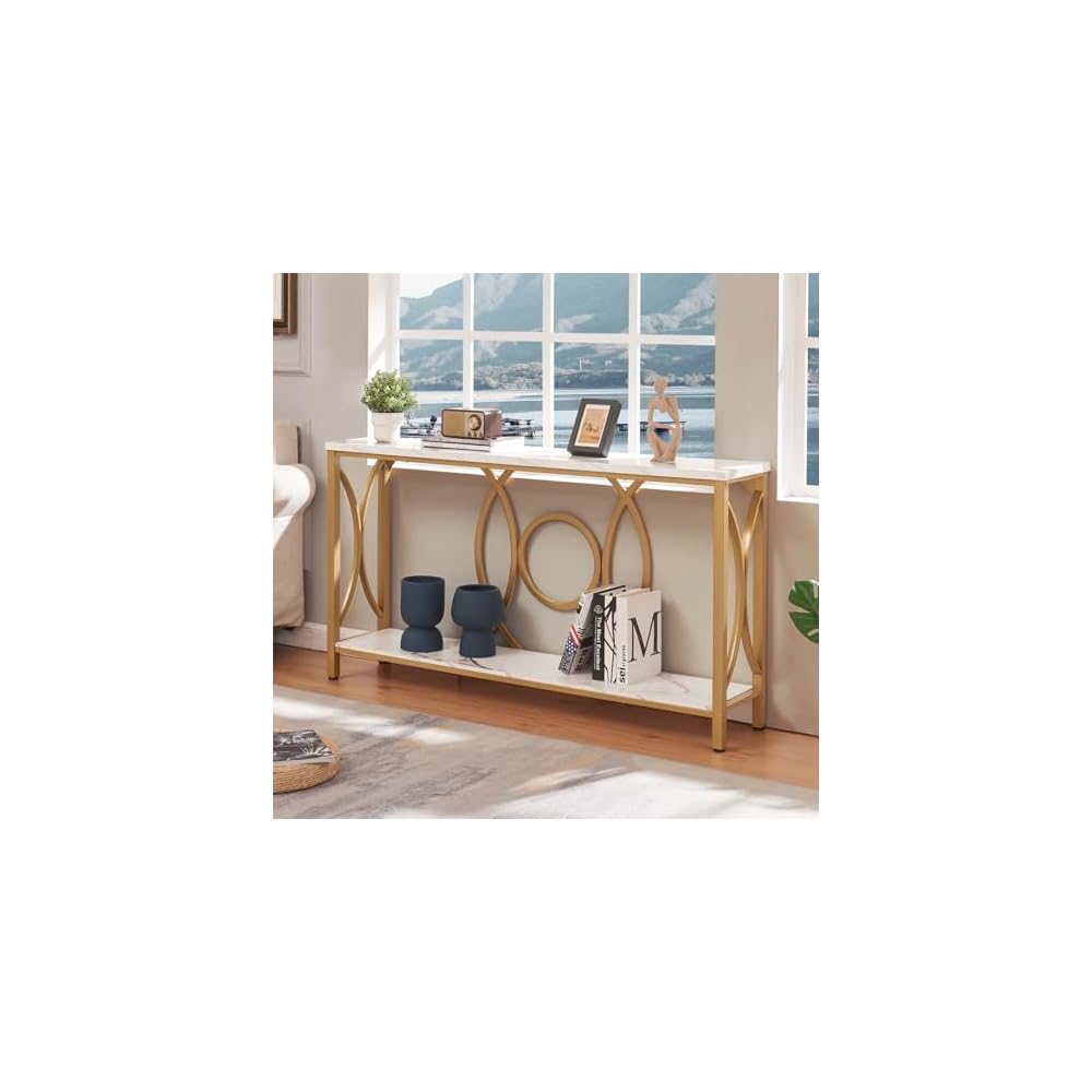 HOMISSUE Sofa Console Table, Modern Gold Console Table with Faux Marbled Tabletop, Engineered Wood Entryway Tables with 2 Tier Storage, Narrow Sofa Table for Living Room, Hallway (55 Inch, White&Gold)