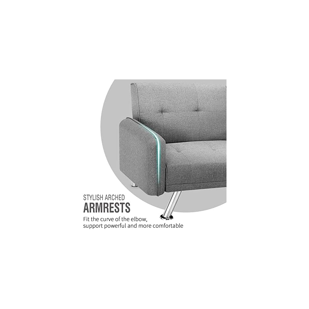 Futon Sofa Bed, Convertible Couch with 2 Cup Holders, Loveseat with Armrest for Studio, Apartment, Office, Living Room, Light Grey