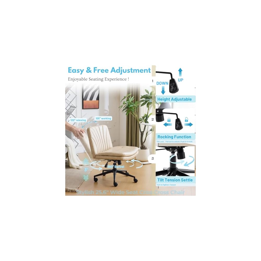 Criss Cross Chair with Wheels Dual Footrest, 300LBS Capacity Ergonomic Office Chair with 360° Swivel and Adjustable Reclining, Modern Rolling Desk Chair for Home Office Reading Corner