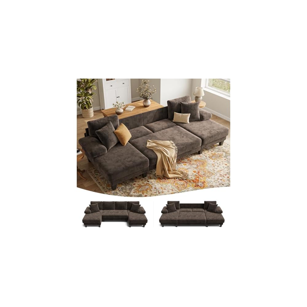Txtin's Sleeper Sofa with Pull Out Couch Bed | 112 Inch Couches for Living Room | U-Shaped Convertible Sofa Bed | Chenille Brown