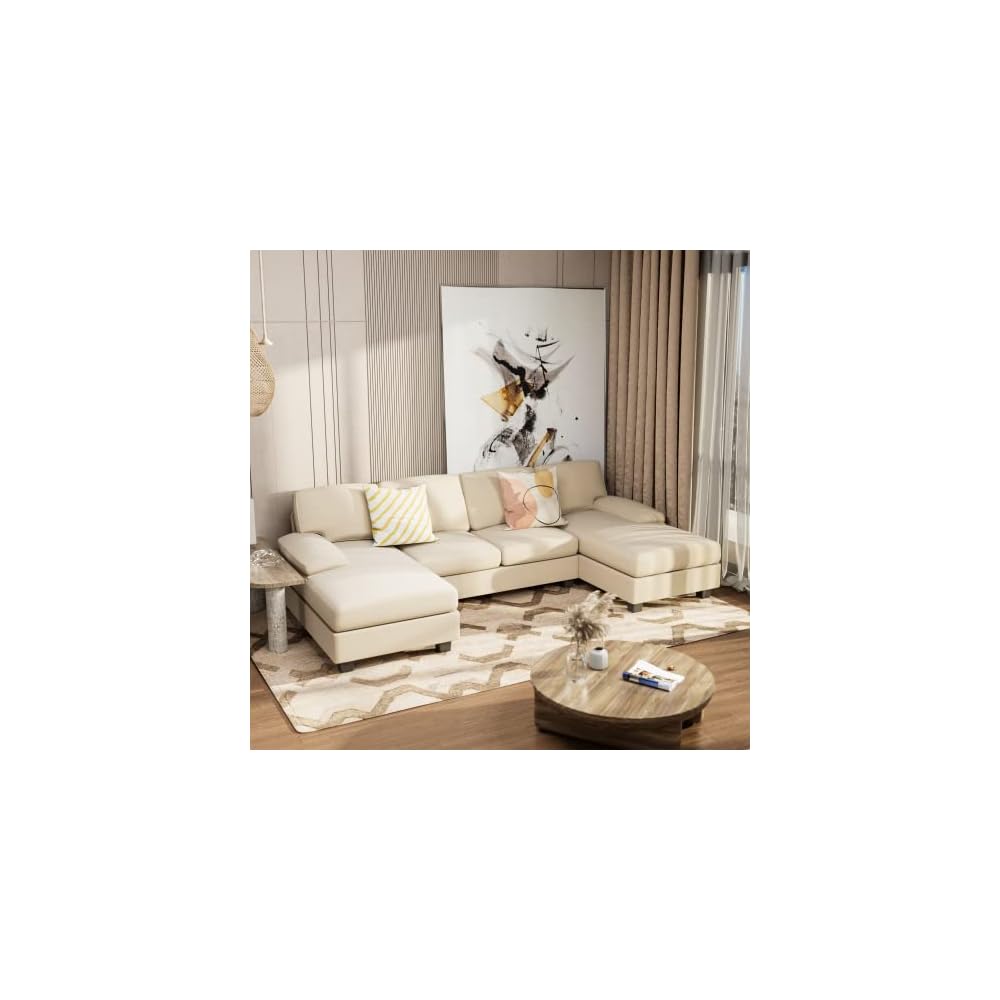 Furniwell Convertible Sectional Sofa Couch, 4 Seat Sofa Set for Living Room U-Shaped Modern Fabric Modular Sofa Sleeper with Double Chaise & Memory Foam (Fabric, White)