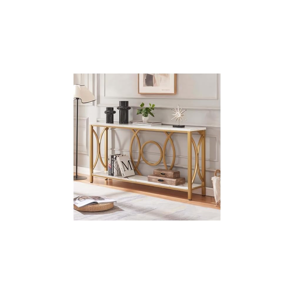 HOMISSUE Sofa Console Table, Modern Gold Console Table with Faux Marbled Tabletop, Engineered Wood Entryway Tables with 2 Tier Storage, Narrow Sofa Table for Living Room, Hallway (55 Inch, White&Gold)