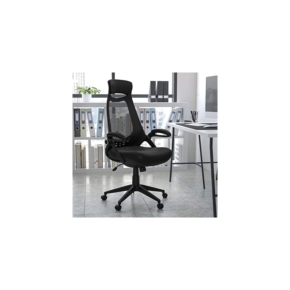 EMMA + OLIVER High Back Black Mesh Executive Office Chair with Flip-Up Arms
