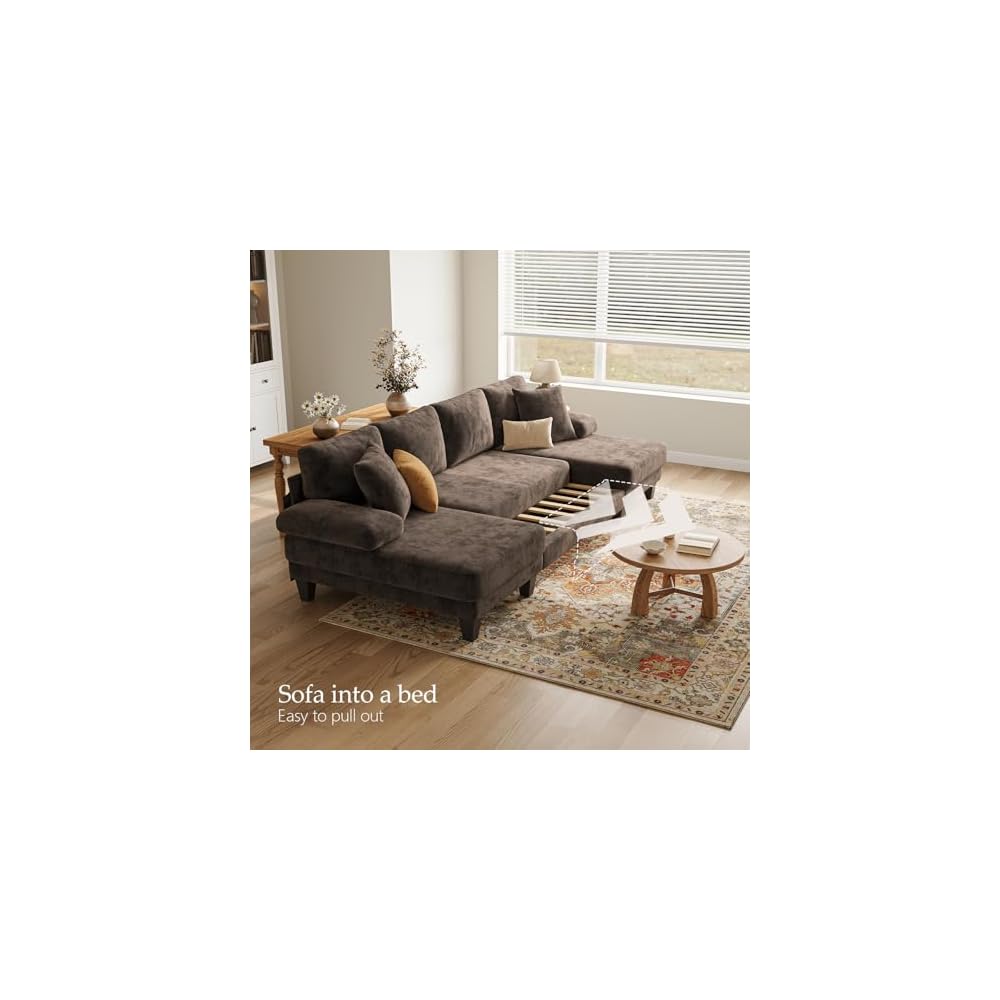 Txtin's Sleeper Sofa with Pull Out Couch Bed | 112 Inch Couches for Living Room | U-Shaped Convertible Sofa Bed | Chenille Brown
