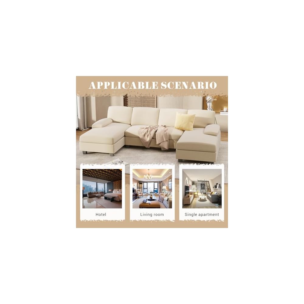 Furniwell Convertible Sectional Sofa Couch, 4 Seat Sofa Set for Living Room U-Shaped Modern Fabric Modular Sofa Sleeper with Double Chaise & Memory Foam (Fabric, White)
