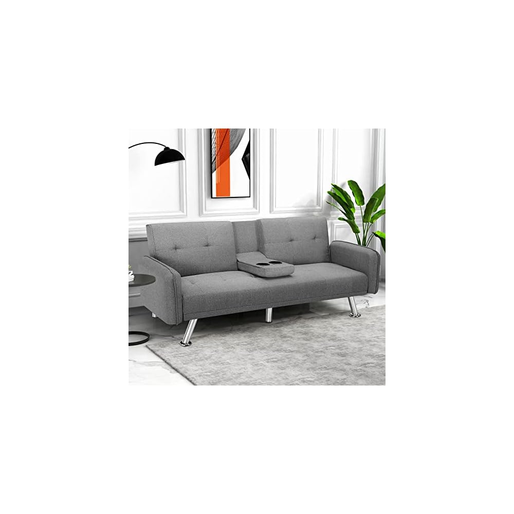 Futon Sofa Bed, Convertible Couch with 2 Cup Holders, Loveseat with Armrest for Studio, Apartment, Office, Living Room, Light Grey