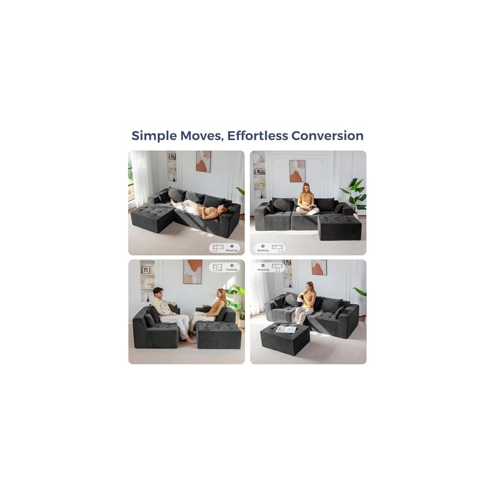 MAXYOYO Modular Sectional Sofa Couch, L-Shaped Boneless Cloud Couch with Flexible Ottoman, Chenille Upholstered Sofafor Living Room, No Assembly Required, Dark Grey