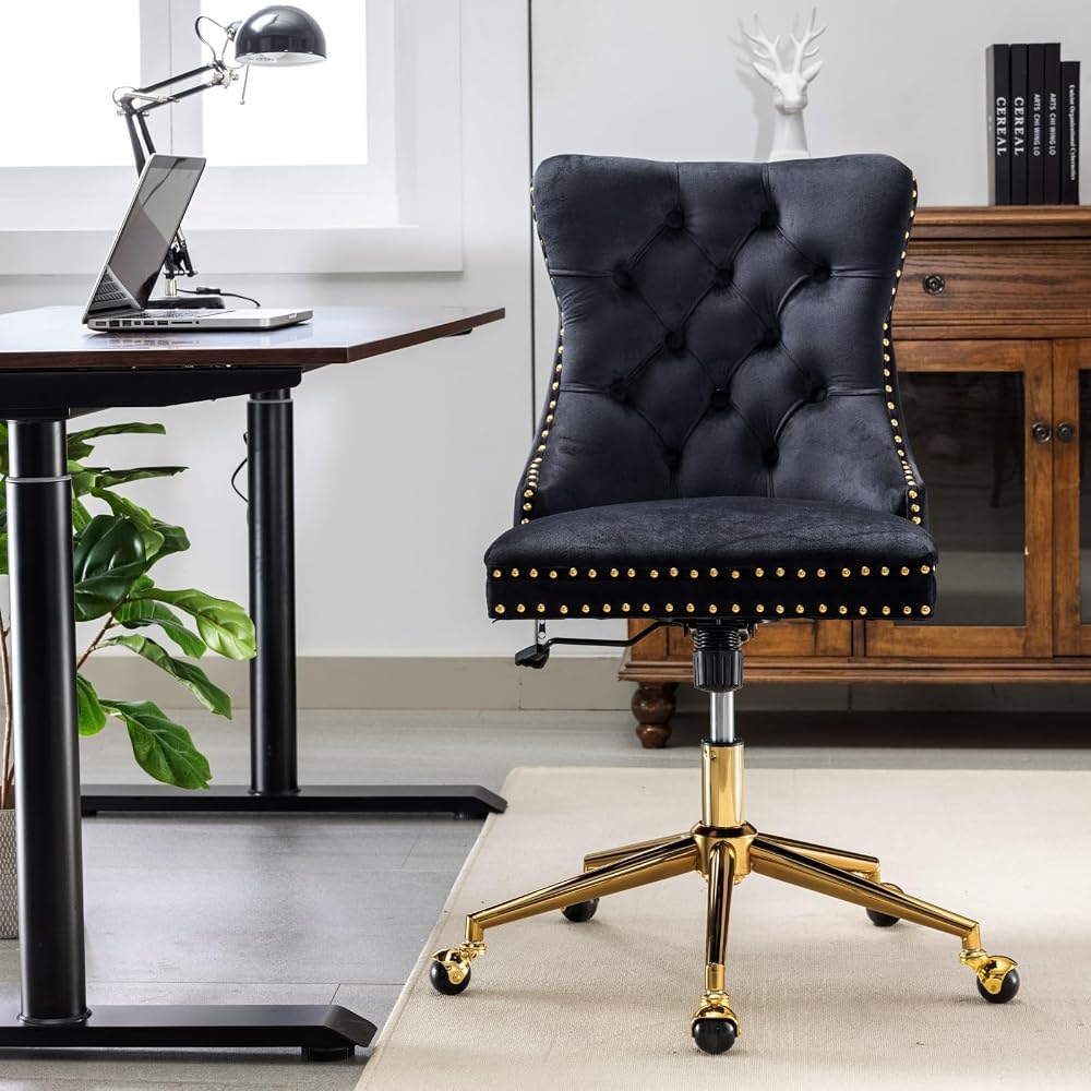 Generic Furniture Office Chair,Velvet Upholstered Tufted Button Home Office Chair with Golden Metal Base,Adjustable Desk Chair Swivel Office Chair (Black)