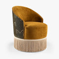 Mustard Velvet Accent Chair with Fringe, Art Deco Barrel Lounge Chair