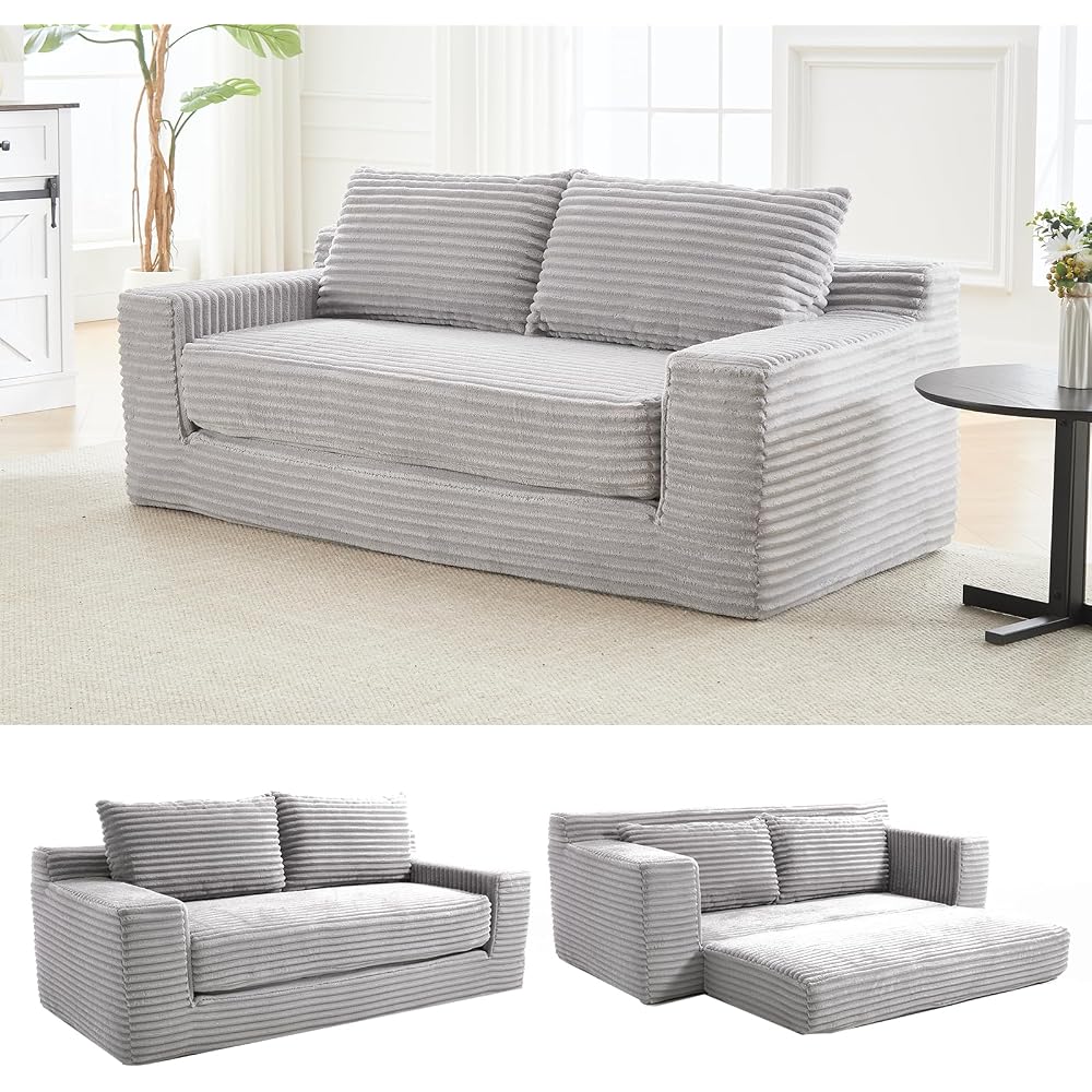 70.87" Cloud Loveseat Sofa, Boneless Corduroy Loveseat Couches, Sofa in a Box, 2 Seater Deep Seat Couch with Convertible Sofa Bed for Apartment, Office, Living Room, No Assembly Required (Light Grey)