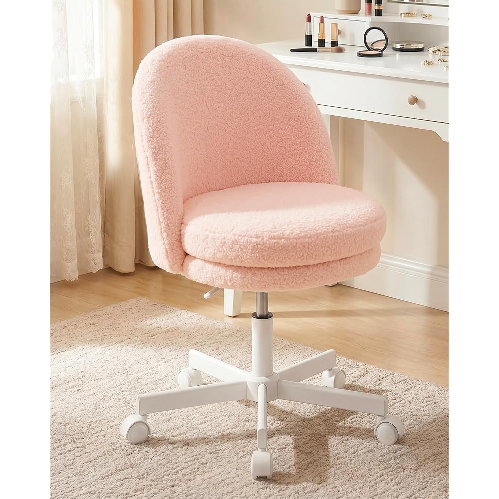 GTPOFFICE Vanity Chair with Back, Adjustable Tall Office Chair High Swivel Bar Stools Fluffy Cute Desk Chair Comfy with Wheels Bow Pillow Armlees for Adults Standing Desk Bar Teddy Velvet Blossom Pink