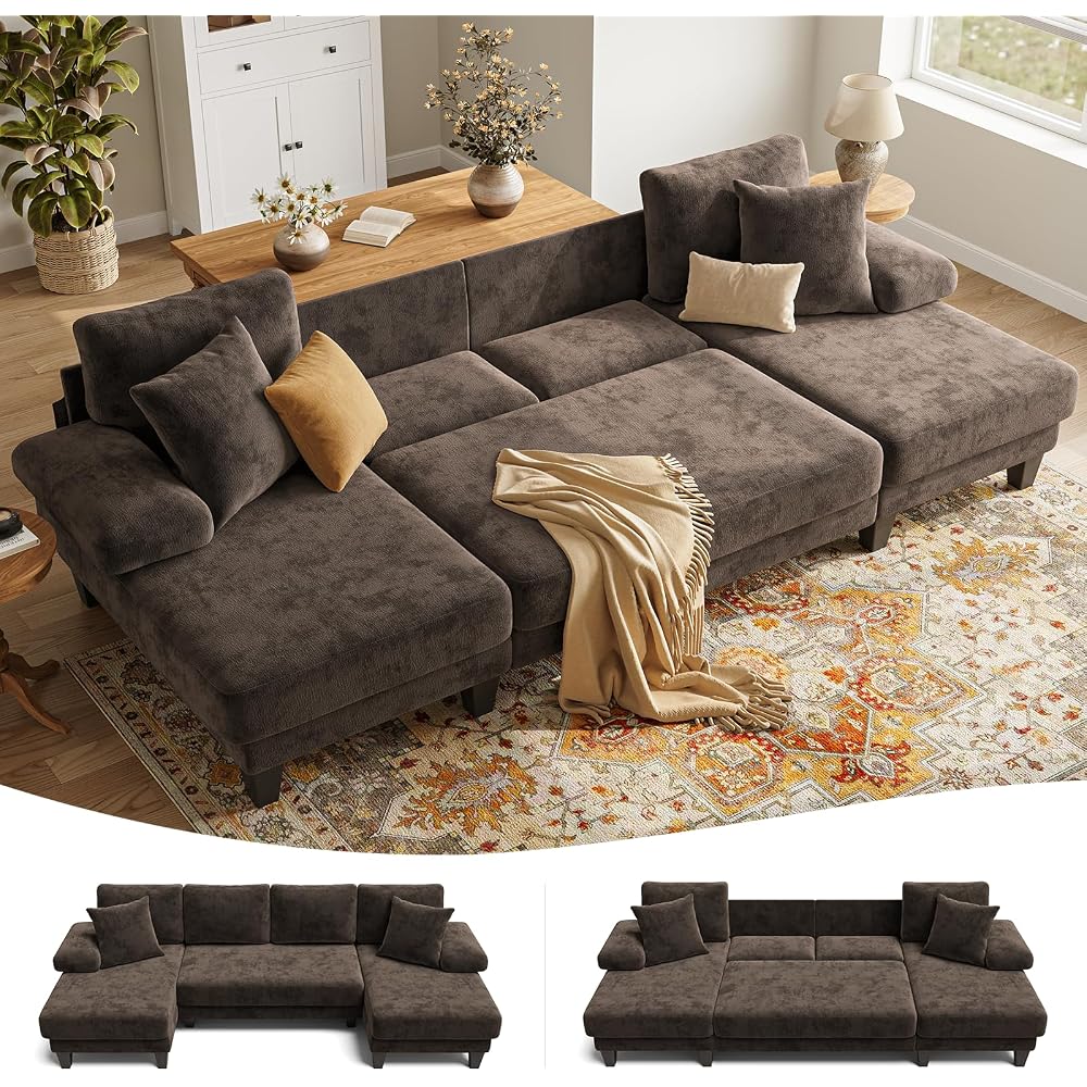 Txtin's Sleeper Sofa with Pull Out Couch Bed | 112 Inch Couches for Living Room | U-Shaped Convertible Sofa Bed | Chenille Brown