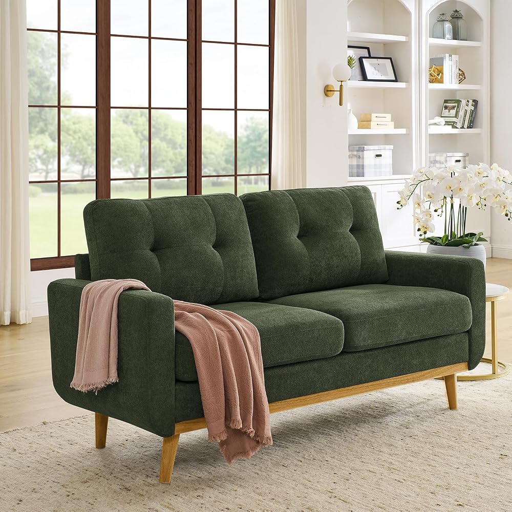 Dark Green 56" Loveseat Sofa, Couches for Small Spaces, Mid Century Love Seat Couches for Living Room, Upholstered 2-Seater Small Couch for Bedroom, Apartment, Easy Assembly (Dark Green)