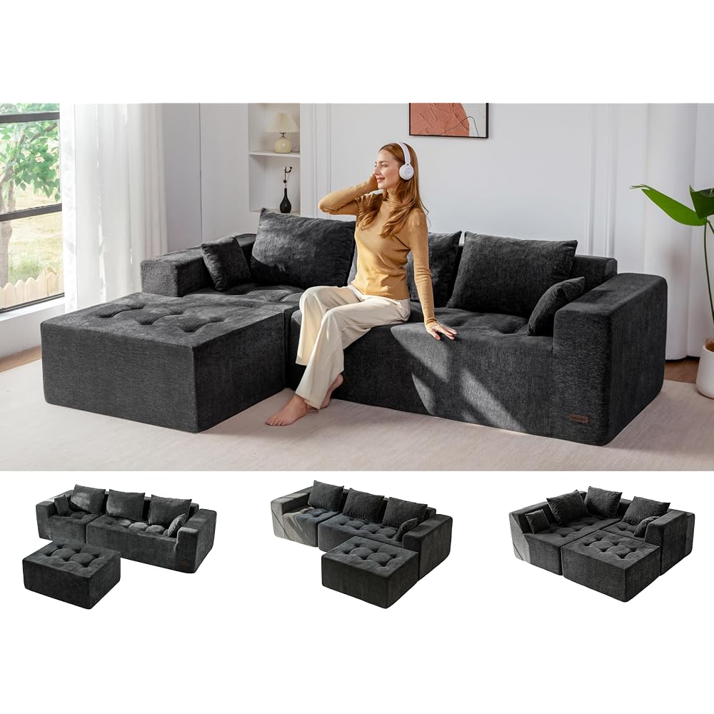 MAXYOYO Modular Sectional Sofa Couch, L-Shaped Boneless Cloud Couch with Flexible Ottoman, Chenille Upholstered Sofafor Living Room, No Assembly Required, Dark Grey
