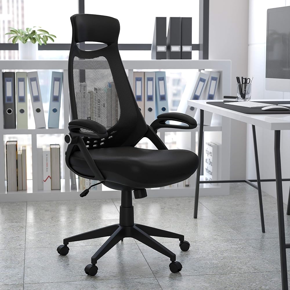 EMMA + OLIVER High Back Black Mesh Executive Office Chair with Flip-Up Arms