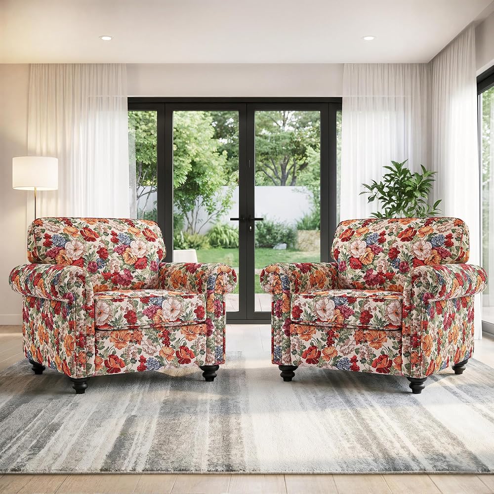 Folral Accent Chairs Set of 2, Comfy Reading Armchair, Beige